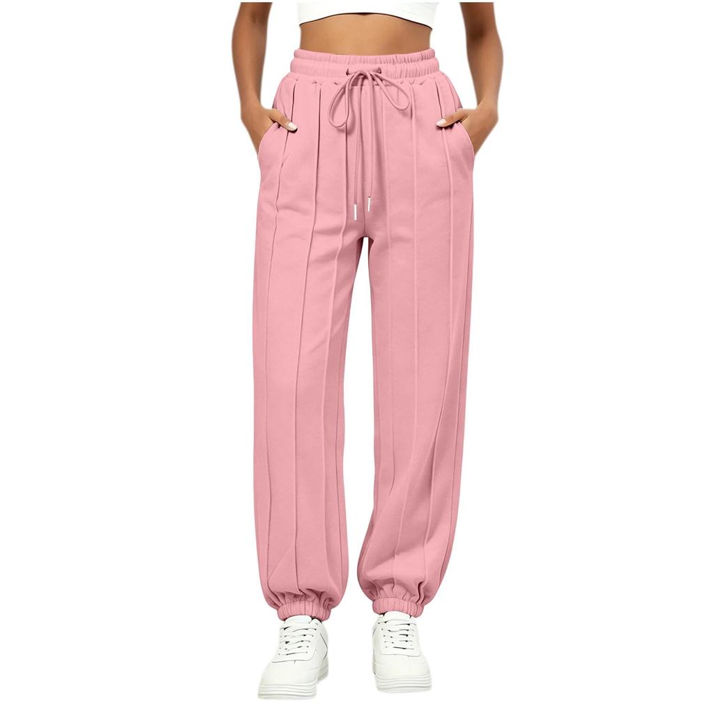 Women's Casual Color Loose Fit Drawstring Pants with Pockets and Tapered Cuffed Hem