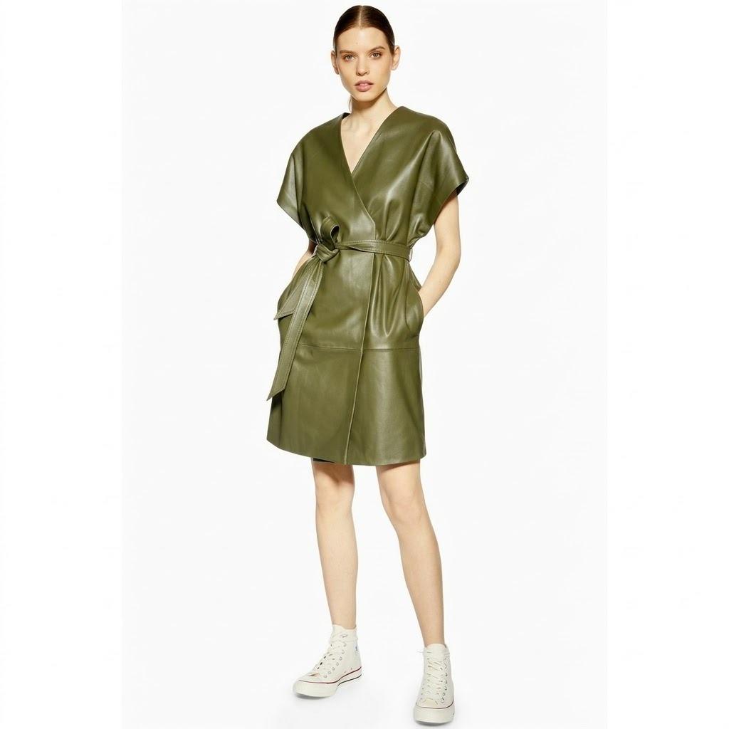 Women s Genuine Lambskin Leather Casual Party Wear Dress Olive Green Handmade S