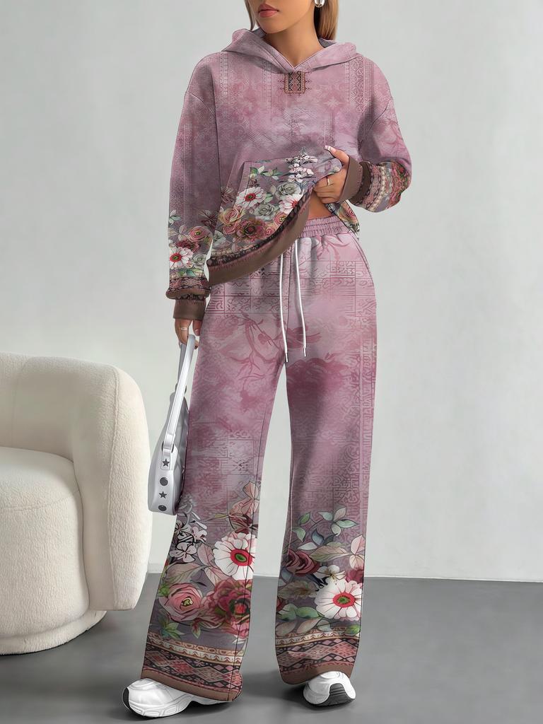 Bohemian Style European And American Autumn And Winter Casual Long-Sleeved Suit Women'S Hooded Sweater Trousers Suit