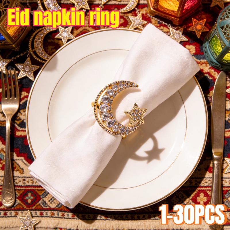 1-30PCS Ramadan Napkin Ring Set Gold Star Moon Design Alloy Crystal Metal Hollow For Holiday Tableware Durable Holder