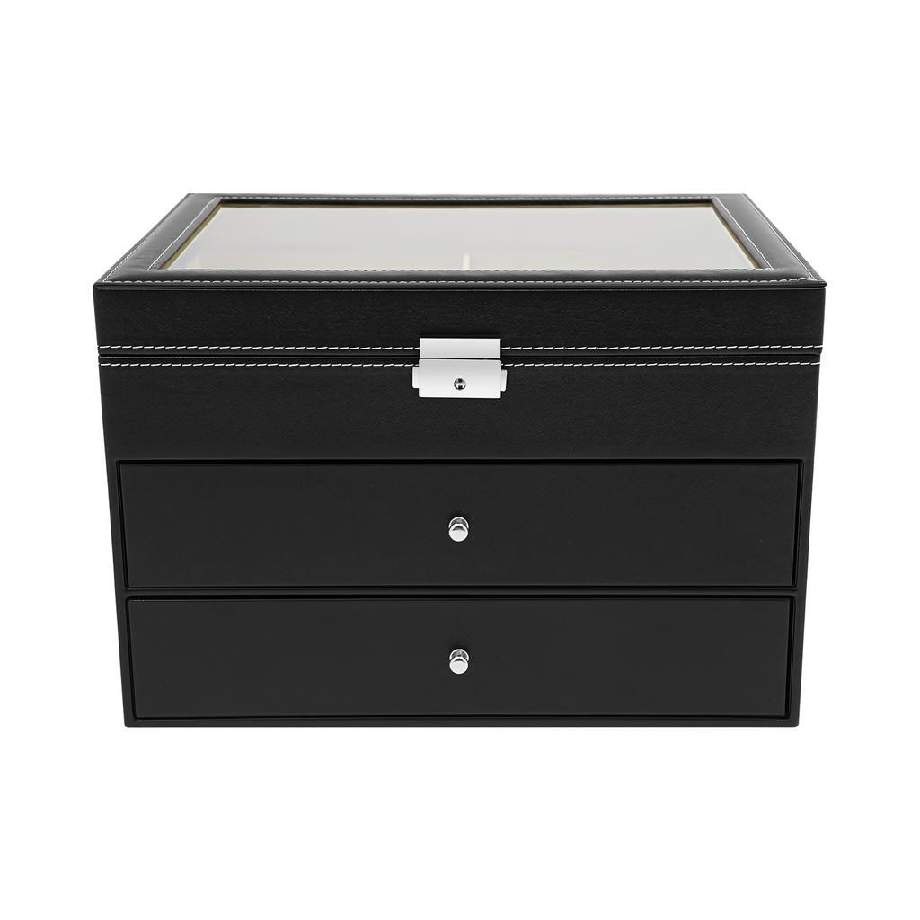 Eyeglasses Display Case 24 Compartment with Lock, 3-Tier Glass Top Jewelry Storage Organizer for Sunglasses Watches Earrings