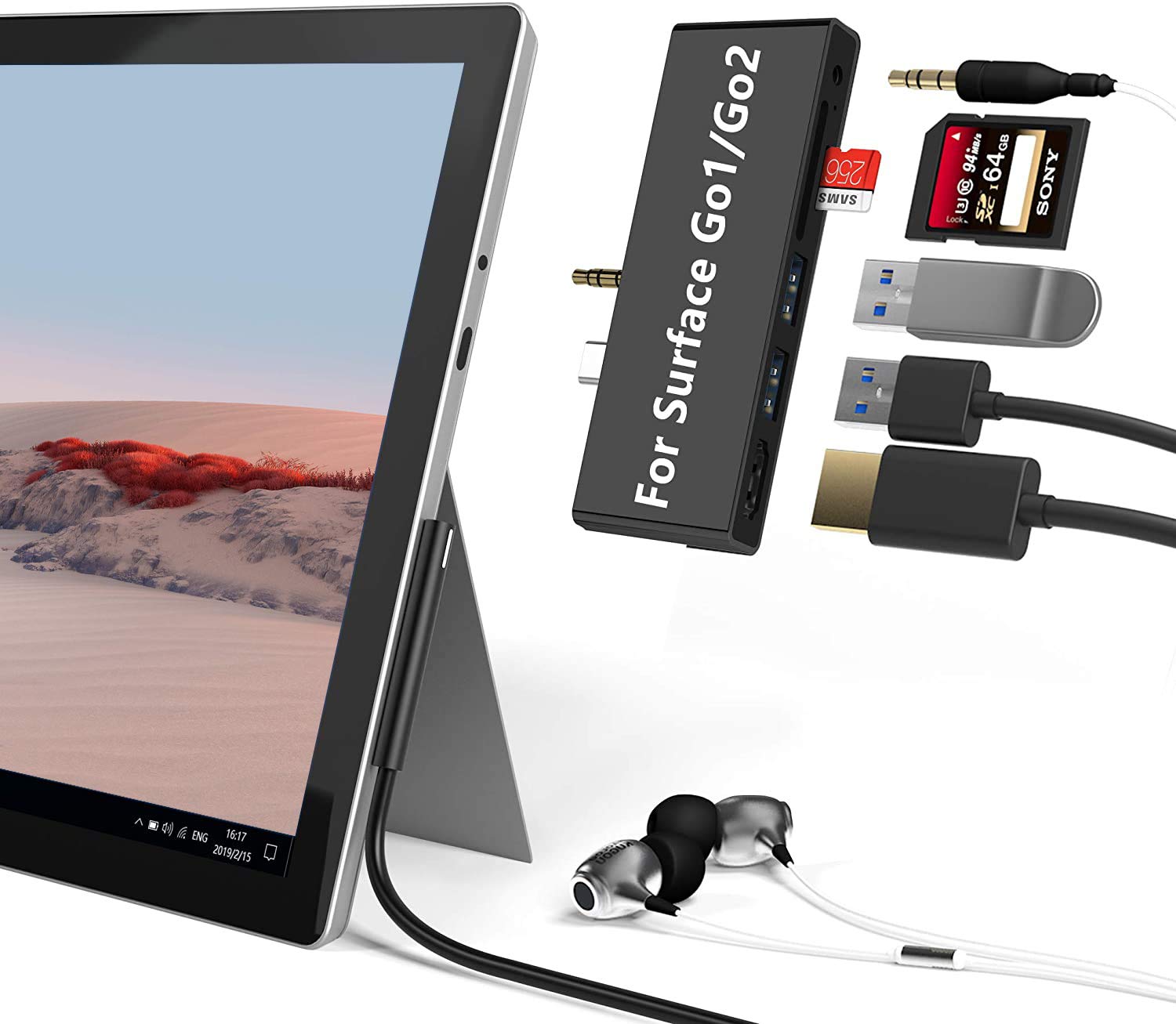 

USB-концентратор Surface Go Hub Адаптер HDMI-порты разъем для наушников Карта Совместимые с Surface Go аксессуары Go3/Go2/Go 3.0 (4K@30Гц + 2USB 3.0 +