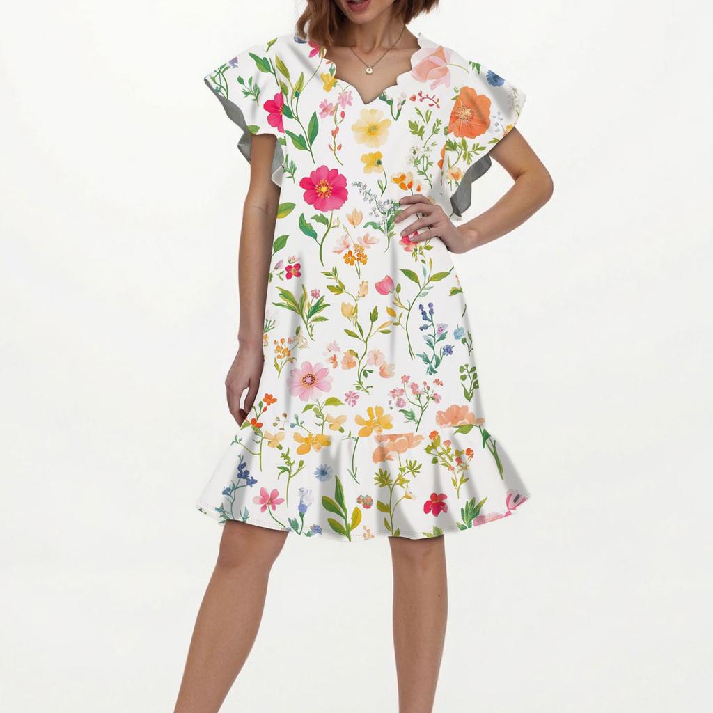 Women's Fashion Casual V Neck Wavy Edge Floral Print Short Sleeve Dress