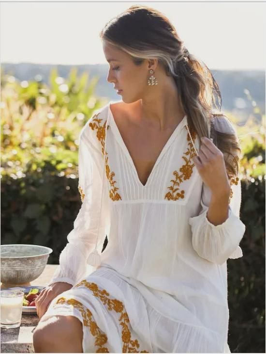 Embroidered Floral V-Neck Lantern Sleeve Maxi Dress