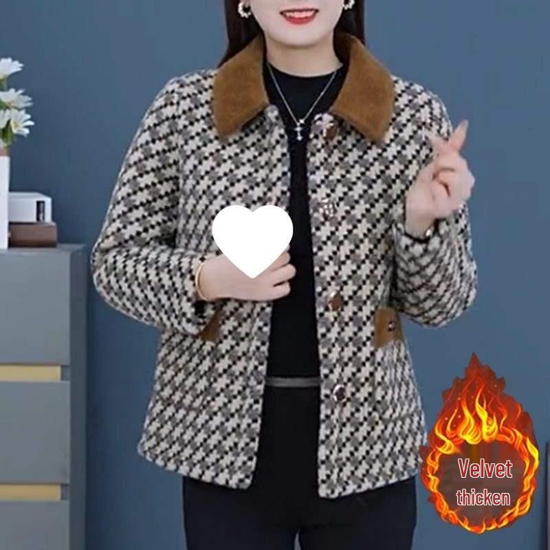 Stylish Fleece-Lined Plaid Jacket for Middle-Aged Women - Elegant Autumn/Winter Outerwear