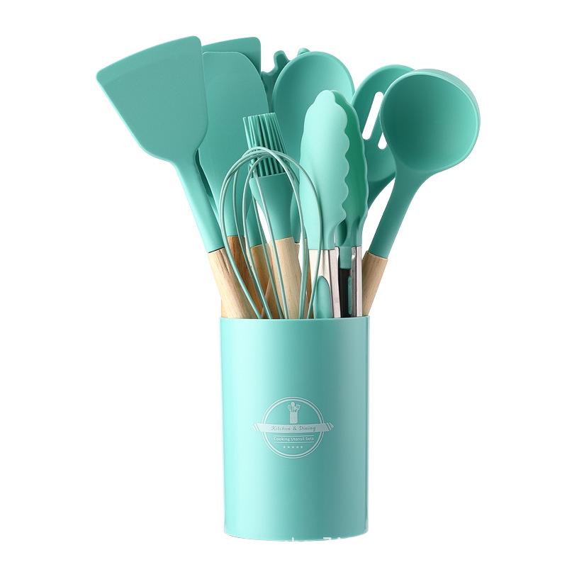 Set da 12 Pezzi di Utensili da Cucina in Silicone con Manici in Legno - Set Spatola e Cucchiaio