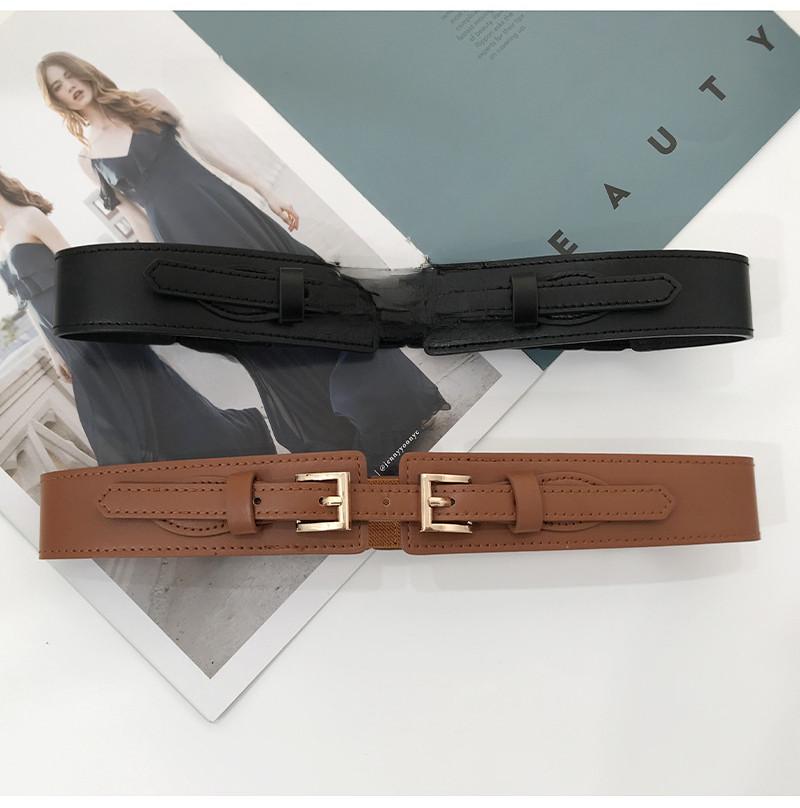 Stylish Women's Elastic Waist Belt With Double Buckles For Dresses And Coats In Black And Camel