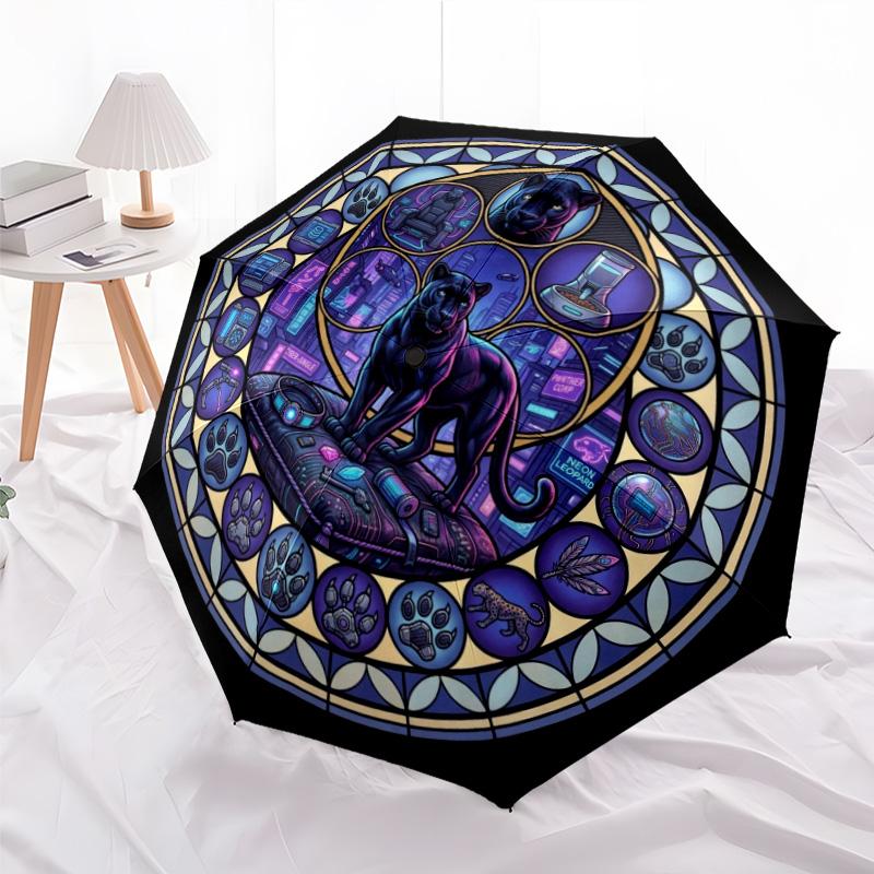Cybernetic Panther Mandala pattern umbrella, portable and foldable design, 8 ribs, a casual accessory for Halloween, Christmas, and birthday gifts.