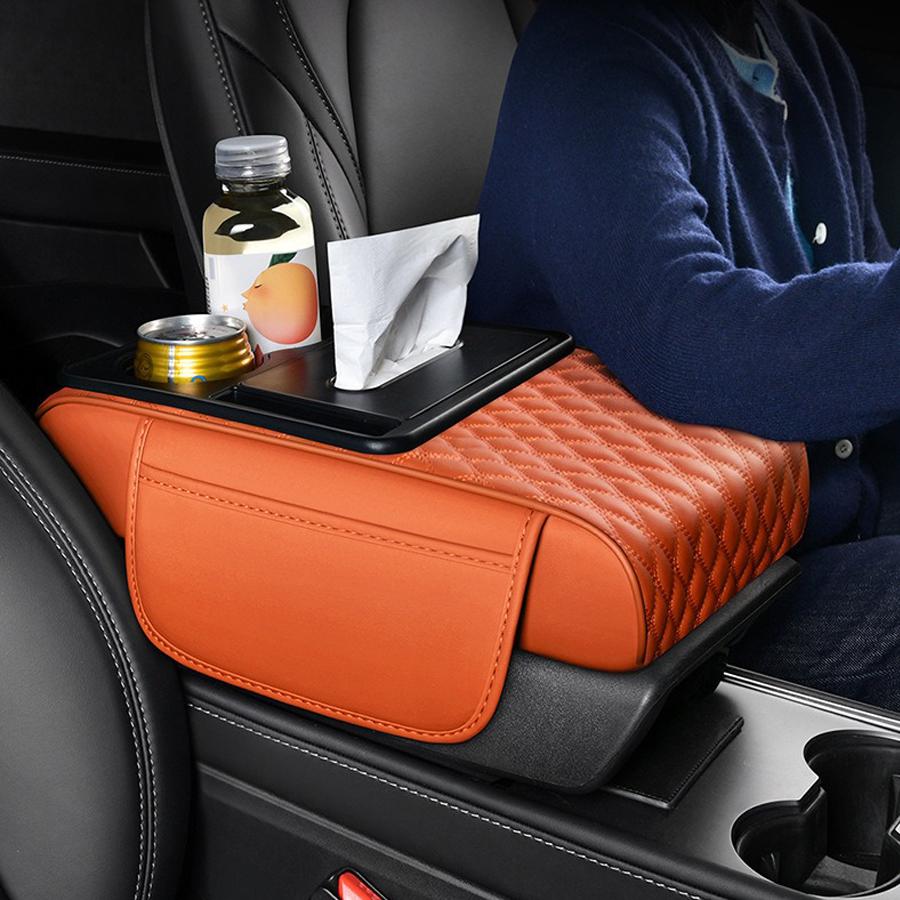 Hochwertiges Armlehnenpolster für die Mittelkonsole im Auto, mit Taschentuchbox und 2 Getränkehaltern, PU-Leder-Armlehnenbox-Pad, tragbares Armlehnenkissen für das Auto