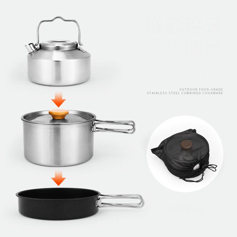 Portable Camping Cookware Lightweight Cooking Set Camping Kitchen Easy Clean Stainless Steel 3 Piece Cookware Set For Family 2-3