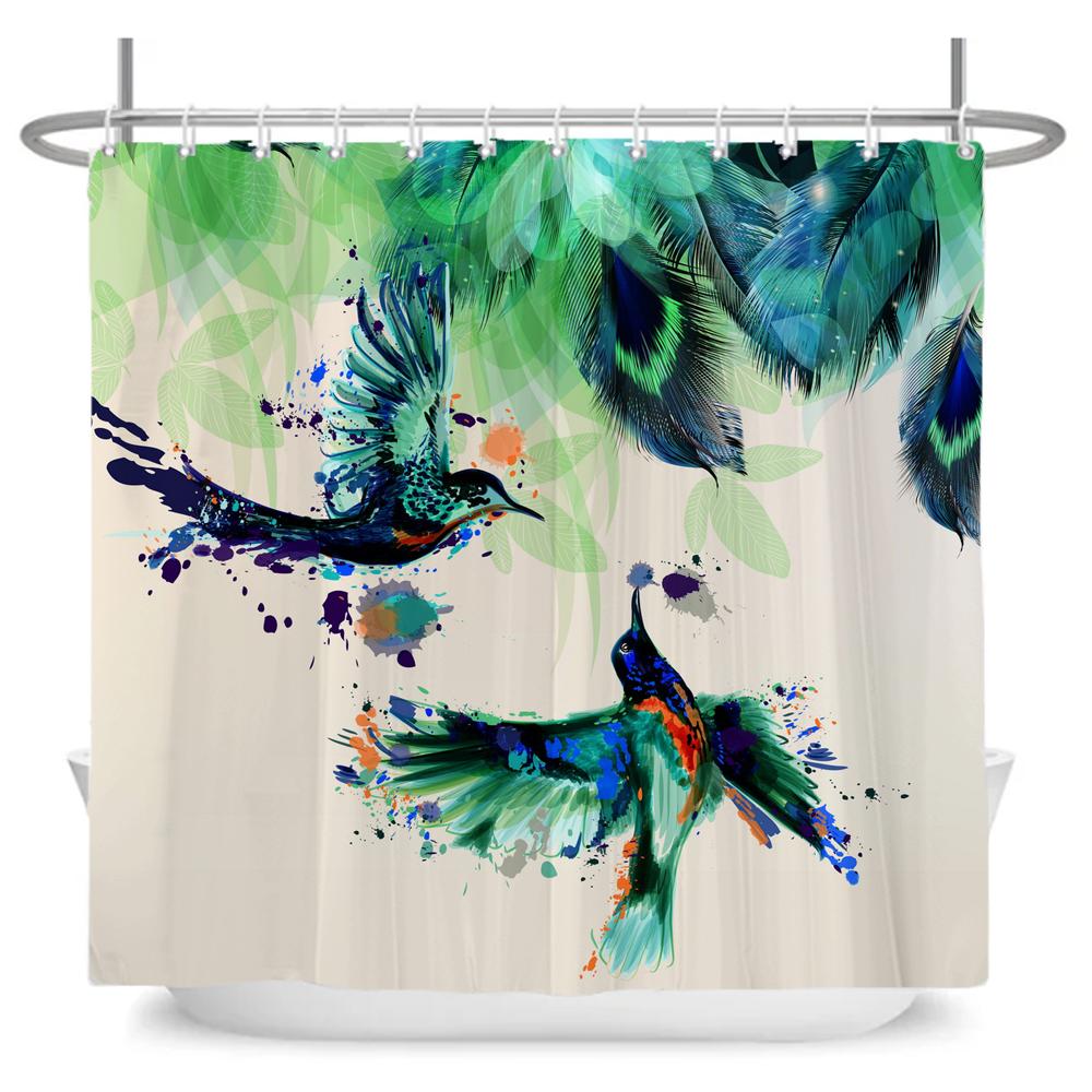 Feather Shower Curtains Printed Fabric Watercolor Flowers Bathroom Waterproof Polyester Bath Curtain Home Decoration with Hooks