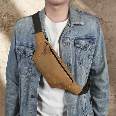 Retro Men's Crazy Horse Leather Waist Bag, Handmade Top Layer Cowhide Crossbody Bag, Genuine Leather Outdoor Korean Version Sports Cycling Men's Bag