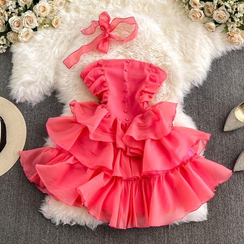 

Sweet Girl off-Shoulder Tube Dress Fairy Summer Pure Desire Lotus Leaf Skirt Elegant Puffy Cake Dress Pink S