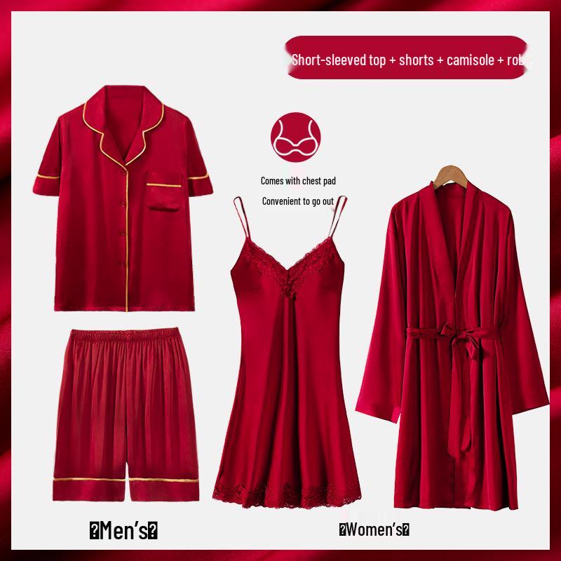 Wine Red Ice Silk Couple Pajamas Set with Built-in Bra Pads - Summer Wedding Nightgown for Women (2 Sets) L Women & L Men