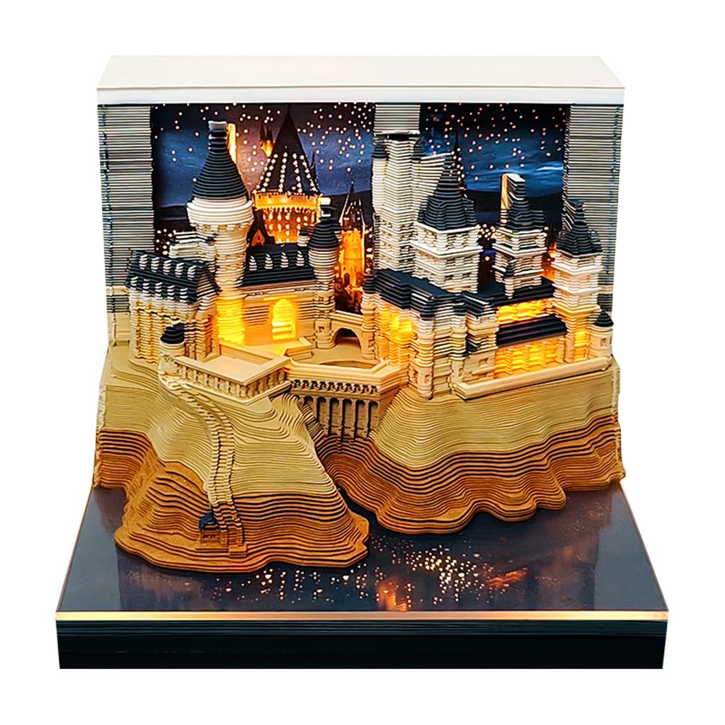 Wizard Magic Castle 2027 Calendar 3D Memo Pad with LED Light & Pen Holder Creative Paper Carving Art Sculpture Desk Decor Gift