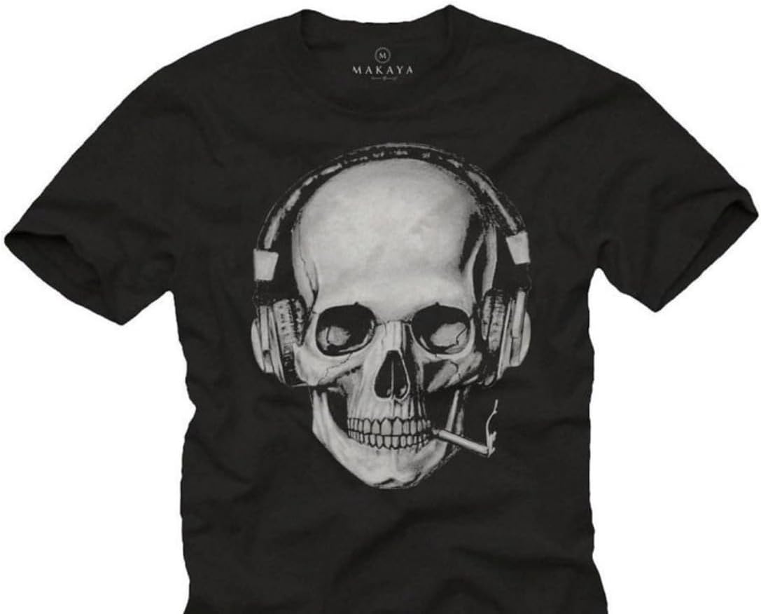 Men s Smoking Skull with DJ Headphones Music Graphic Black Tee S
