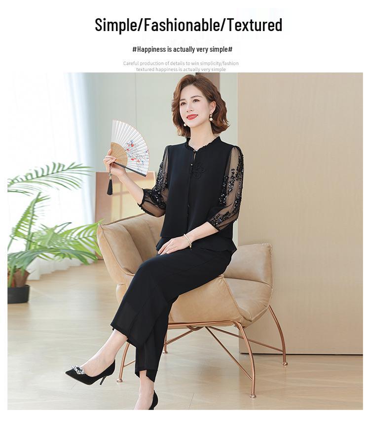 2025 Sommer Mode Chiffon Zweiteiler für Frauen mittleren und höheren Alters