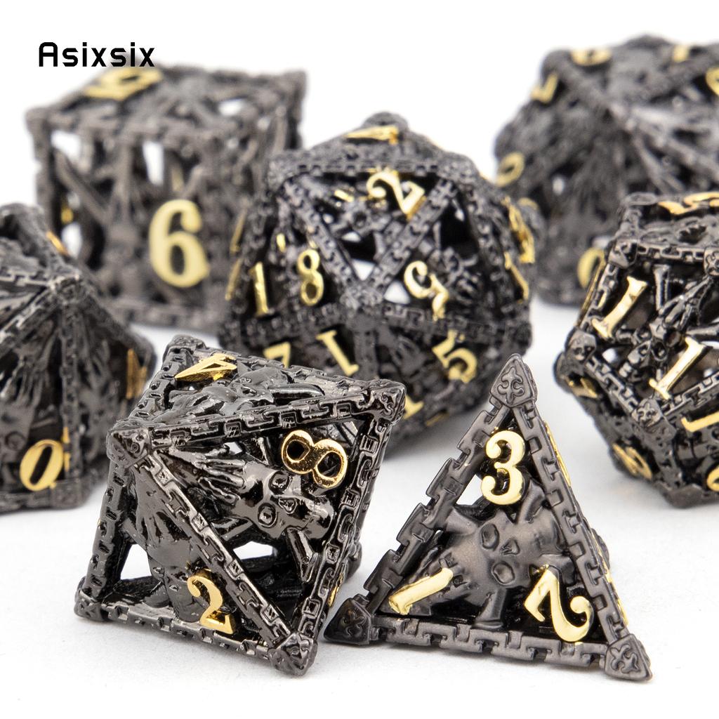 7 Pcs Black Golden Hand Skull Head Metal Dice Hollow Polyhedral Dice Set Suitable for Role-Playing RPG  Board Game Card Game