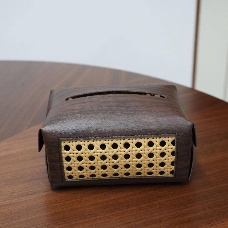 

Bedroom living room drawer box modern simple woven hollow leather drawer paper box wood grain tissue box