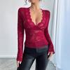 Spring and Summer Ladies Solid Color Sexy Lace Slim V-neck Long-sleeved T-shirt Tops Women Versatile Closet Essential Fashion Items Shirt