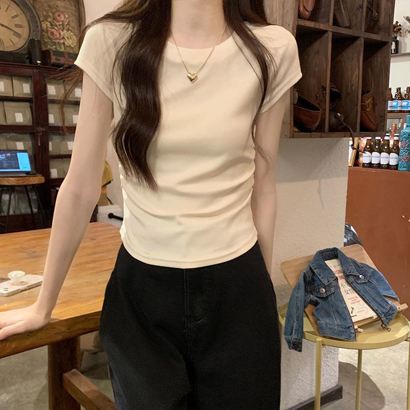 Round Neck Short-sleeved T-shirt for Women, Slim New Style, Waist Tight, Korean Style Design, Unique Right Shoulder Top for Niche Hot Girls
