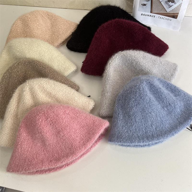 Autumn and winter new rabbit fur knitted bucket hat women's fashion literary warmth straight fisherman hat
