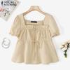 ZANZEA Women Casual Square Neck Puff Short Sleeve Ruffle Blouses