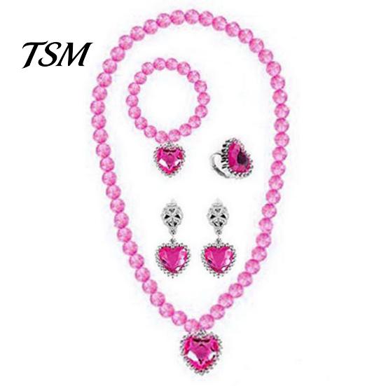 Girls Necklace 1 Set Toy Colored Beaded Elegant Pretend Play Rhinestone Love Heart Bracelet Earring Ring Kit Princess Jewelry Kids Pendant