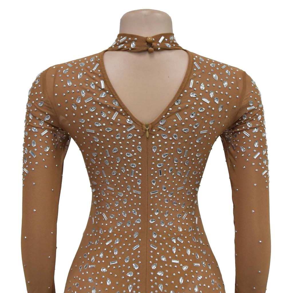 Moda Femei Culoare Solidă Mesh Drill Mâneci lungi Rochii lungi Rochie de seară Rochie de petrecere