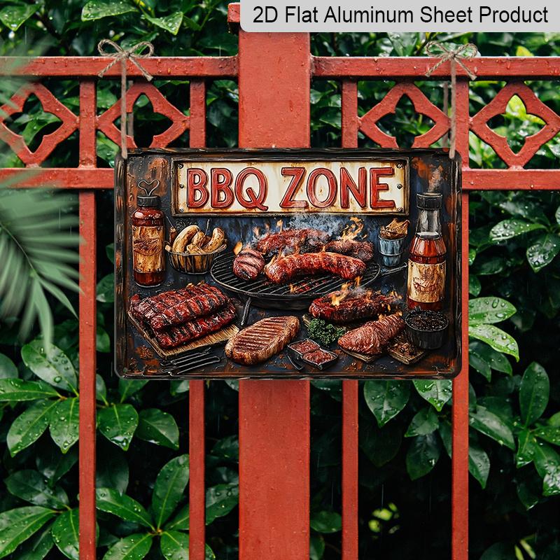 2D Flat, Vintage BBQ Zone Metal Sign - 12"x8" Rustic Aluminum Wall Decor with Grilling Meats & Condiments Design, Perfect for Home, Bar, or