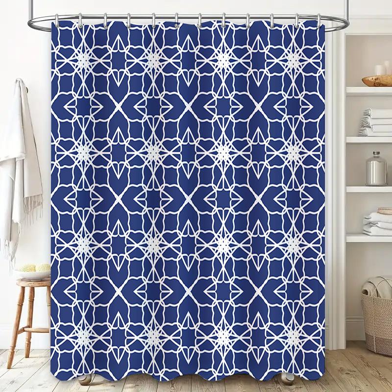 Blue White Geometric Pattern Bath Shower Curtain With Grommet Top For Home Decor In Bathroom Size: 72 X 84 Inches (183X213Cm)