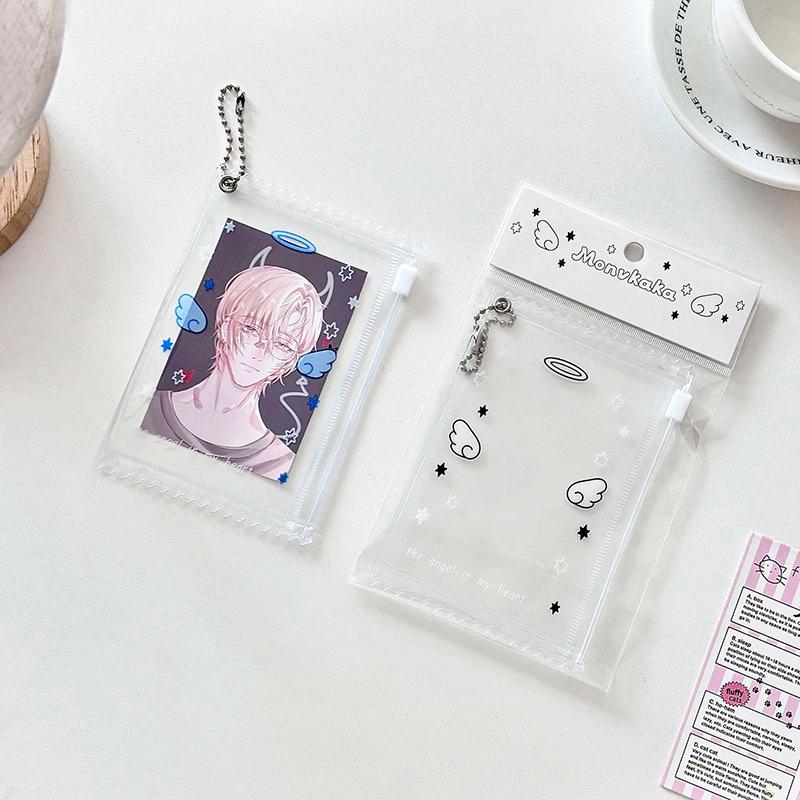 Transparent Photocard Holder Keychain Kawaii Angel Wings Photo Zipper Card Sleeves Portable Card Display Protector Pendant