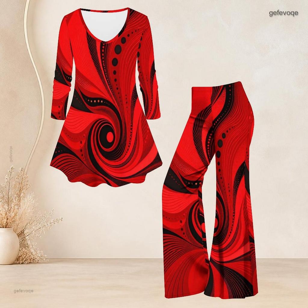 Women Plus Size Printed V Neck Three Quarter Sleeve Flared Top Flared Pants Two Piece Set