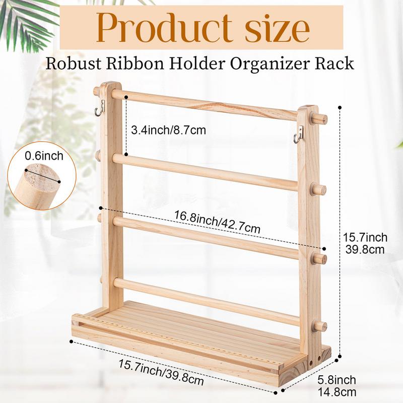 4 Tiers Wooden Ribbon Rack Ribbon Spool Holder Storage Display Shelf Craft Ribbon Stand For Craft Room ribbon organizer