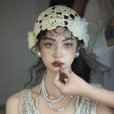 Spring and Summer French Art Retro Hot Stamping Top Hat Bride Engagement Temperament Headwear Hook Flower Hollow Hat