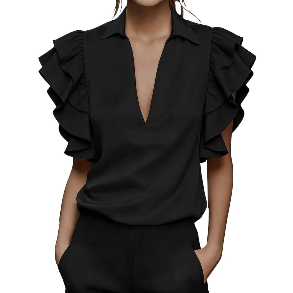 Womens V Neck Blouse Short Sleeve Top Ruffle Sleeve Shirt Lightweight Casual Office Wear Summer Fashion