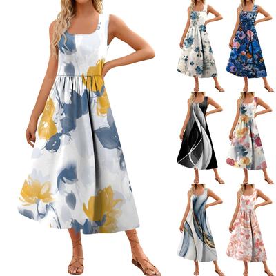 Damen-Maxikleid für den Sommer 2024, lässig, Blumendruck, ärmellos, quadratischer Ausschnitt, fließender langer Strand, elegante Tank-Sommerkleider mit Taschen