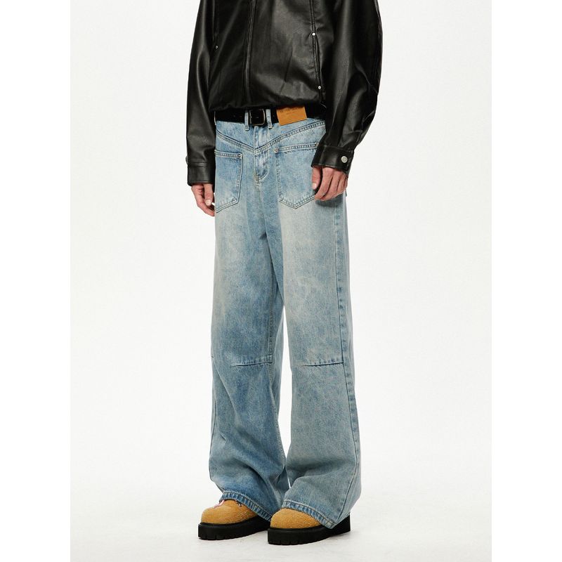 Men's Autumn American Retro Niche Reverse Wash Denim Pants Unisex Loose Casual Wide-Leg Floor-Length Pants