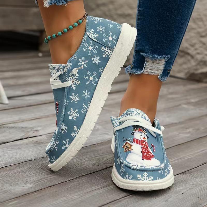 Christmas Snowman Reindeer Pattern Printed Loafers New Fashionable Lace Up Vulcanized Shoes Canvas Women's Flat Shoes Zapatos