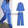 Flip Collar Loose-Fitting Striped Long Sleeves Shirt 7563253 Striped Pajamas Style Mid Waist Pants 7563252