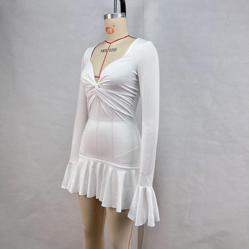 Women's 2024 Autumn/Winter Solid Color Low Neck Long Sleeve Ruffle Dress