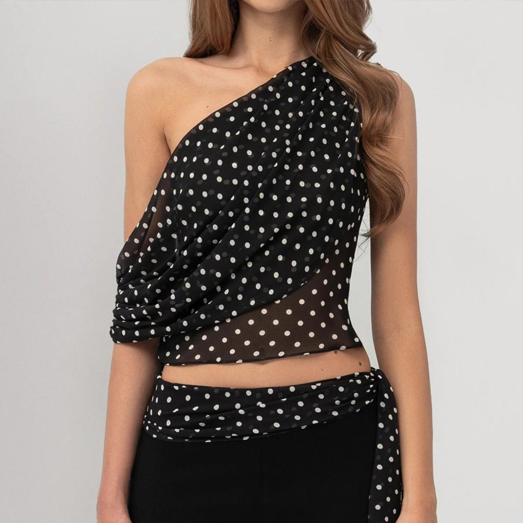 Summer New Polka Dot One-shoulder Sheer Chiffon Top Sexy Off-shoulder Strappy Cami Top For Women European American Style