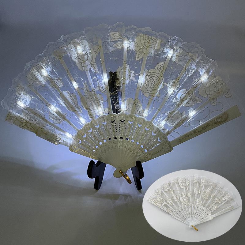 Rose Lace Edge LED Folding Fan - Wedding Gift & Dance Prop