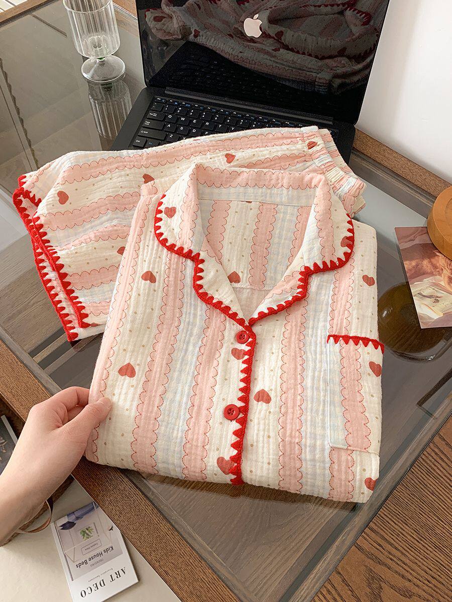 Shell edge love striped pajamas women s summer short-sleeved shorts edge suit women s casual and comfortable loungewear S