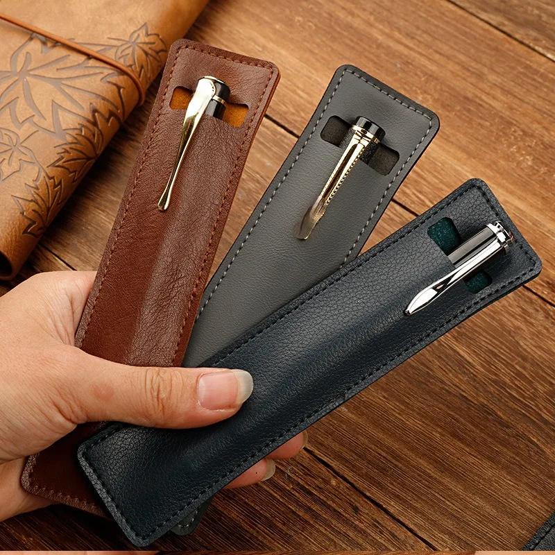 1pc PU leather pencil case, single and double support storage protective cover, simple literary stationery storage bag