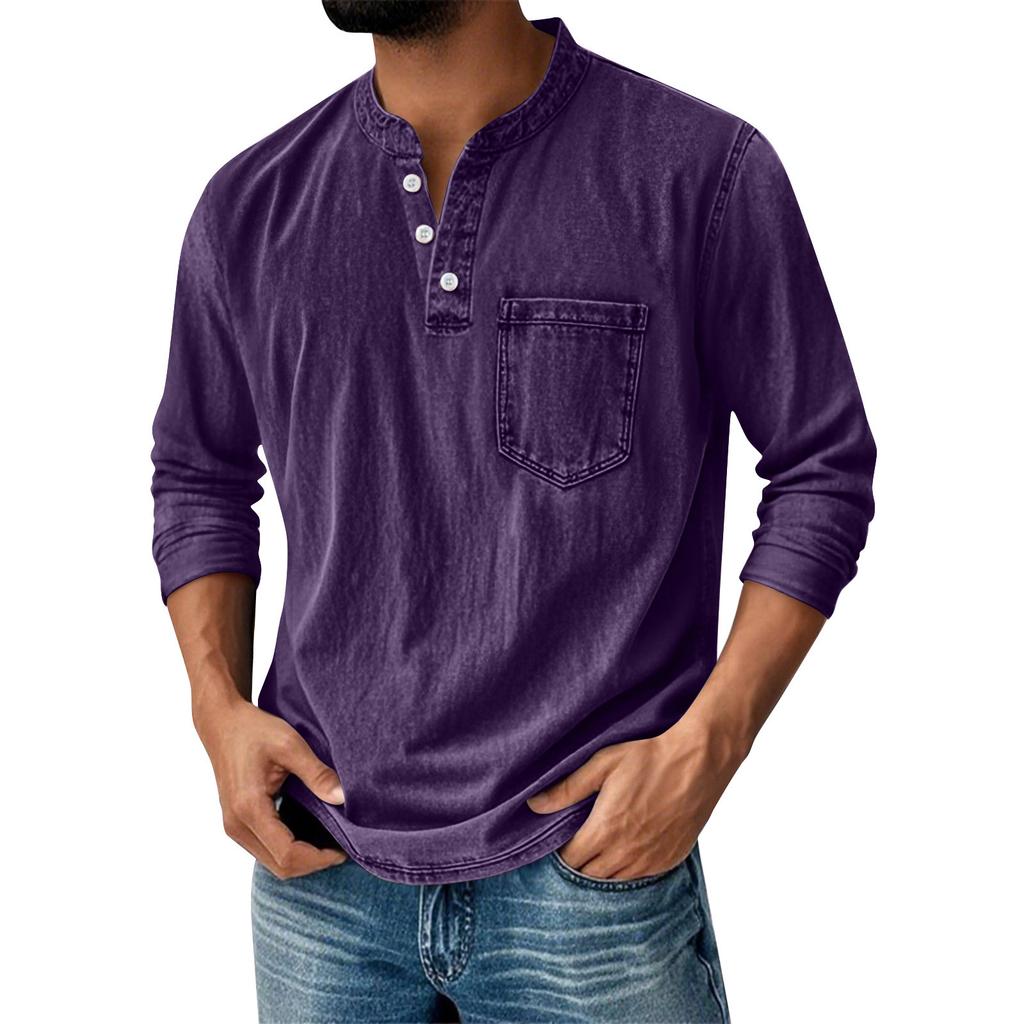 Men's Solid Color Washed Sports Button Pocket Stand Collar Long Sleeve Top