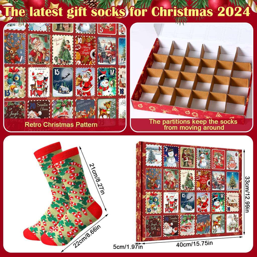 24 Pairs Christmas Sock Advent Calendar 2025 Unisex Socks 24 Days Countdown Gift for Adults Xmas Party Favor New Year Gift
