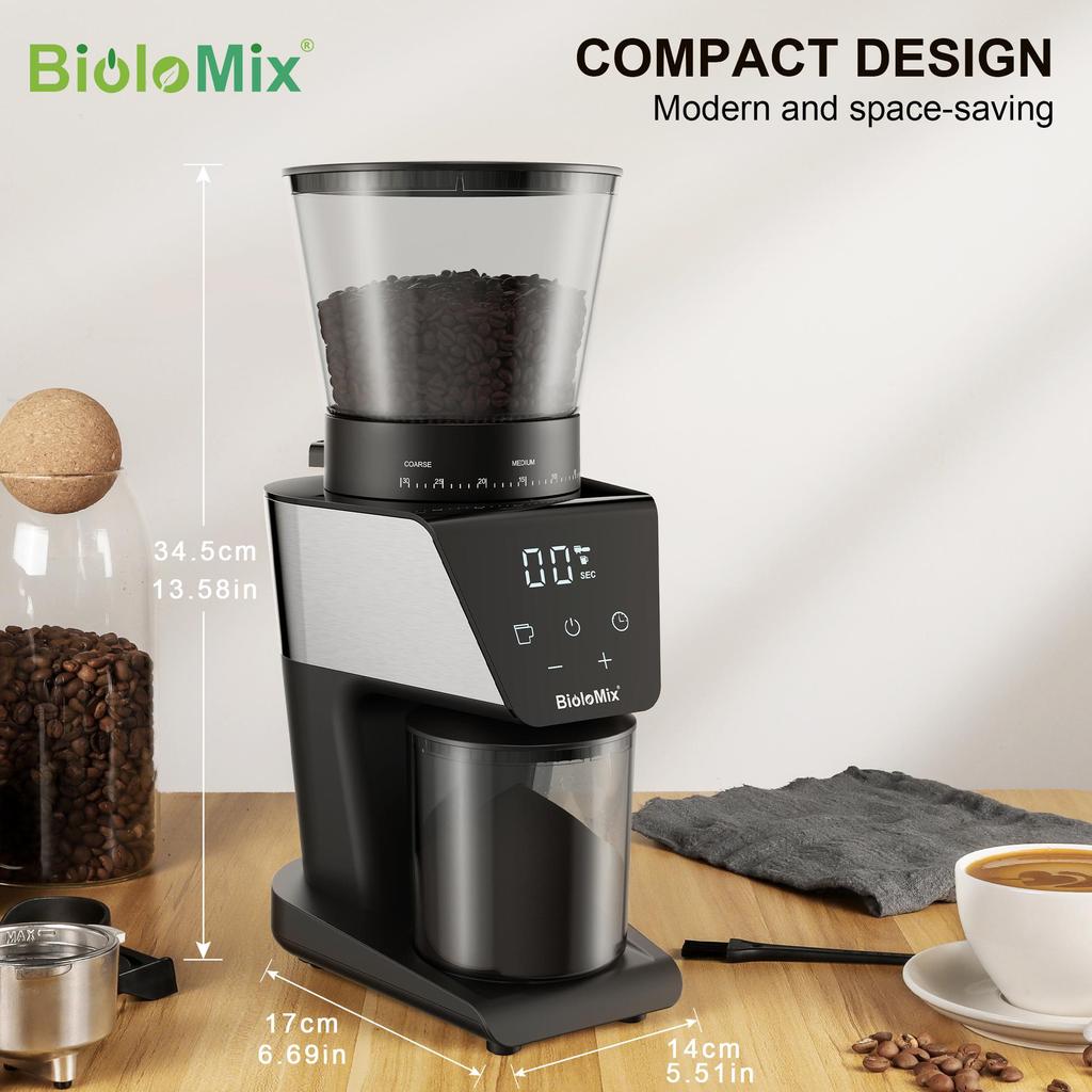 BioloMix AZ-BG706ST Conical Burr Coffee Grinder, 30 Grind Settings, Digital Timer, 300g Hopper