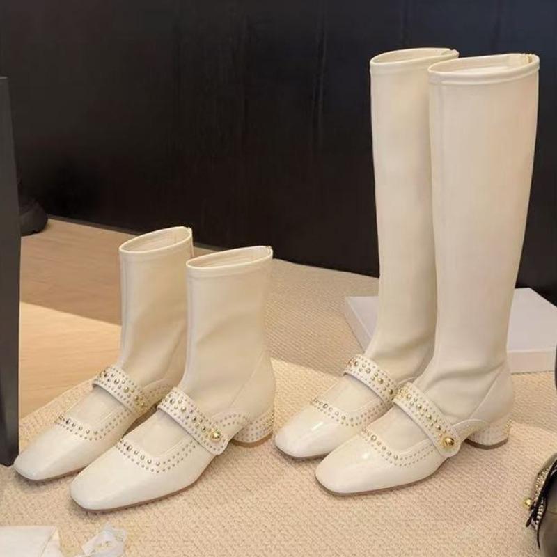 Fashion Metal Rivet Design Women's Ankle Boots Comfort Soft Leather Modern Long Boots Elegant Round Toe Low Chunky Rider Boots