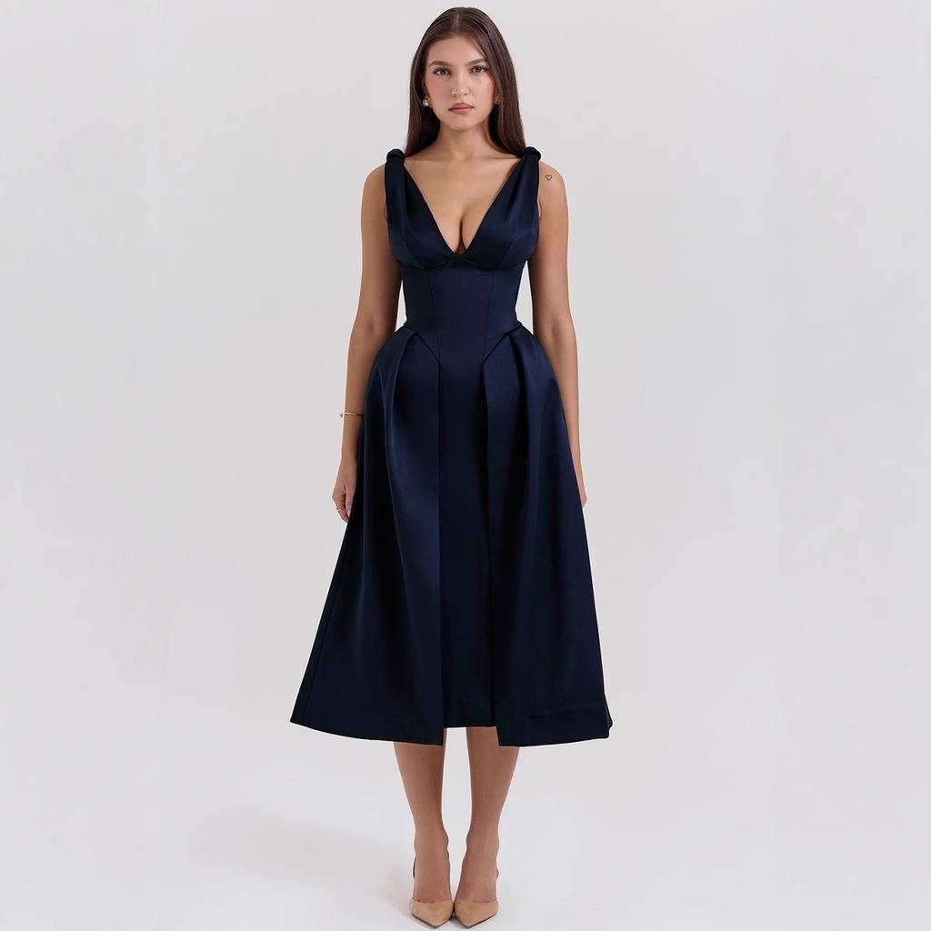 Summer new slim suspender long dress fashion solid color V-neck temperament dress